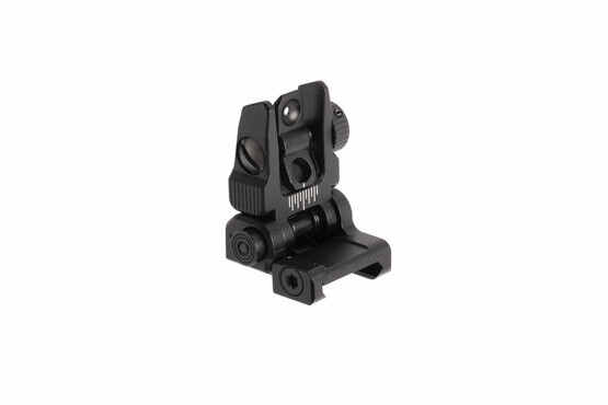 Leapers UTG black anodized ACCU-SYNC flip-up AR-15 rear sight springs up at the push of a button and uses standard A2 rear sights